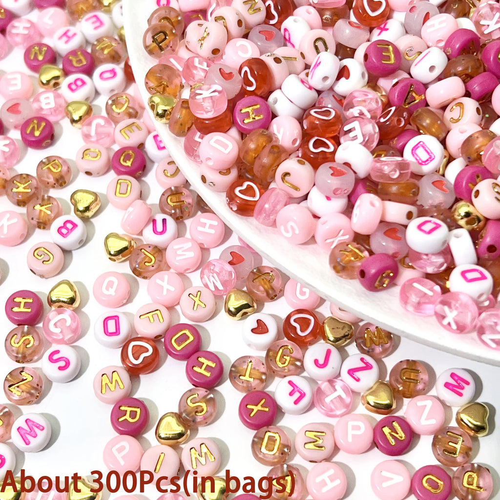 300/840pcs Pink, Red & White, Golden Letter & Heart Acrylic Beads Set - Jewelry Making Kit for DIY Bracelets, Necklaces
