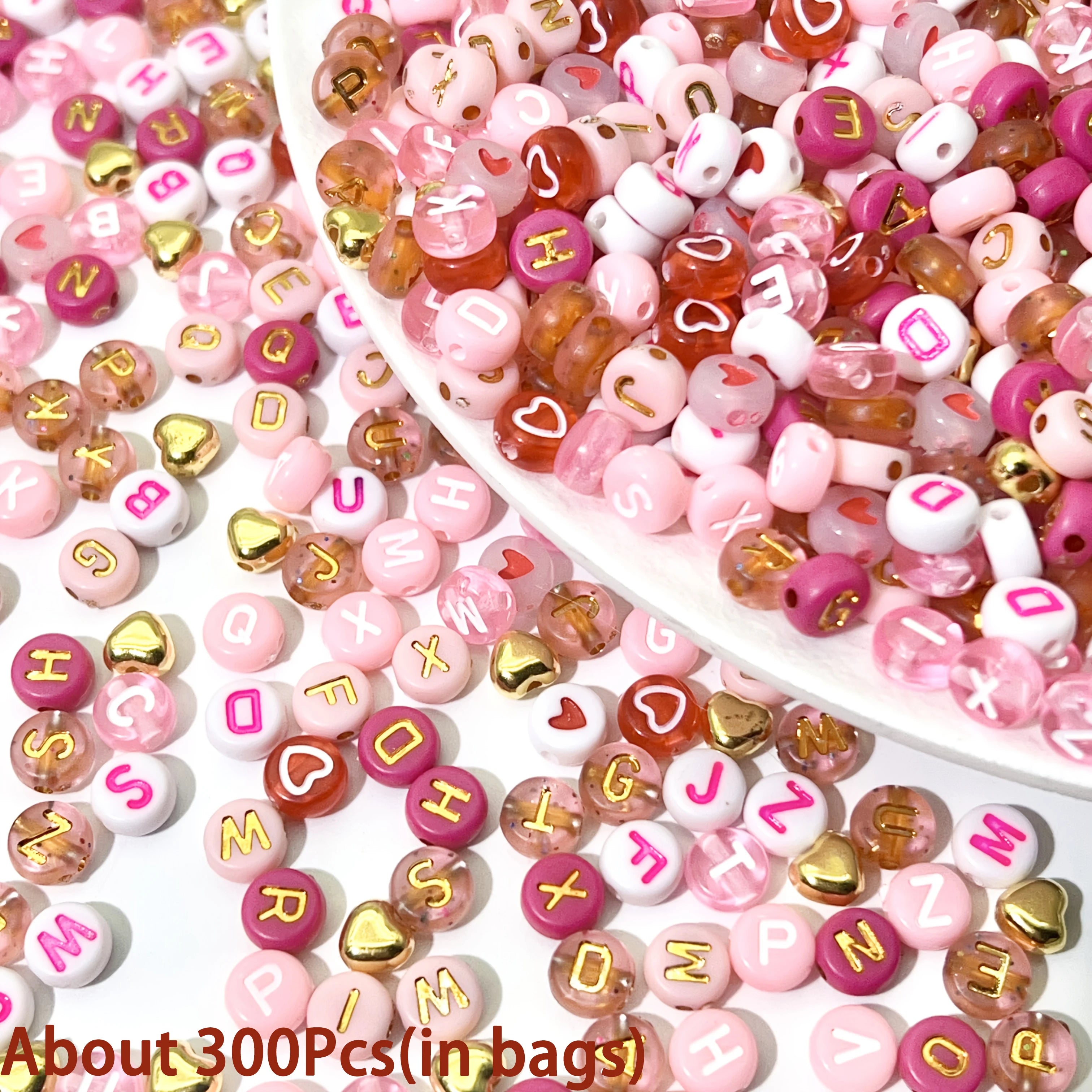 300/840pcs Pink, Red & White, Golden Letter & Heart Acrylic Beads Set - Jewelry Making Kit for DIY Bracelets, Necklaces