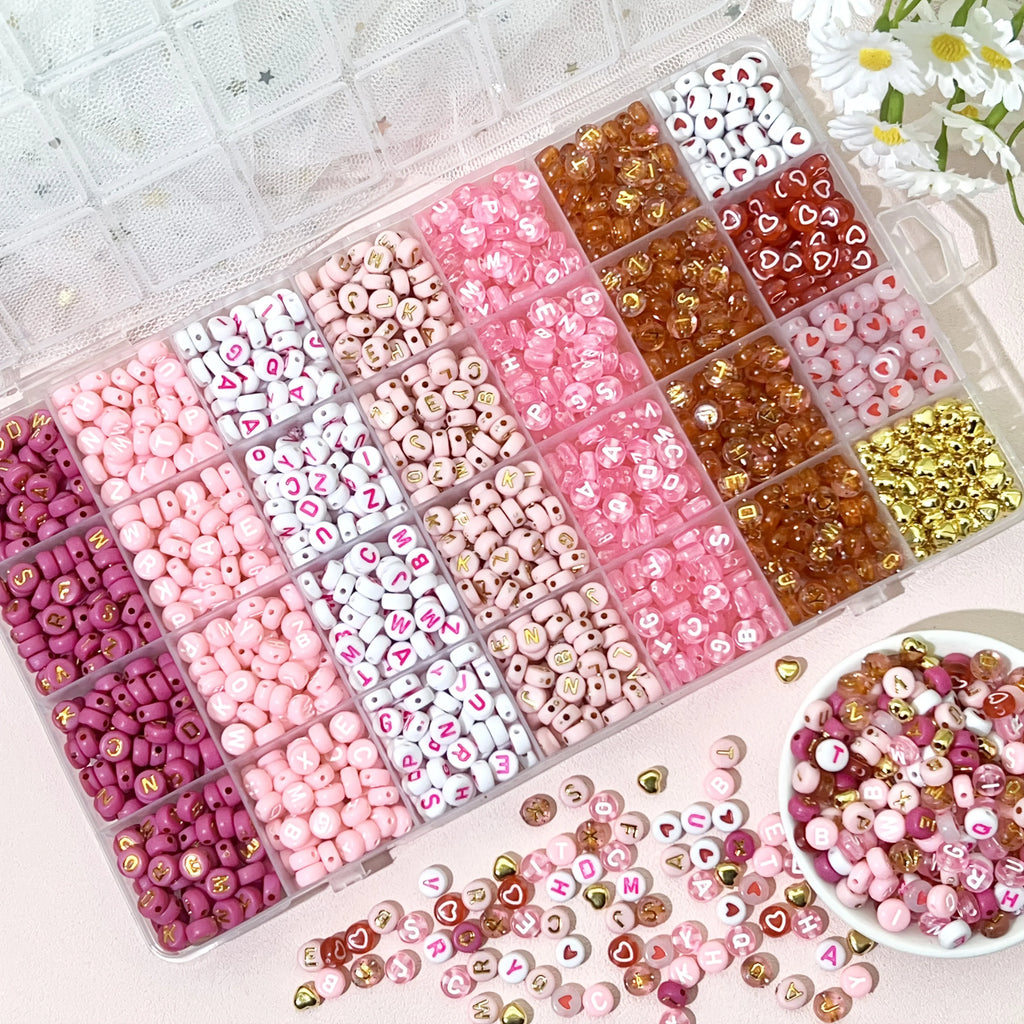 300/840pcs Pink, Red & White, Golden Letter & Heart Acrylic Beads Set - Jewelry Making Kit for DIY Bracelets, Necklaces