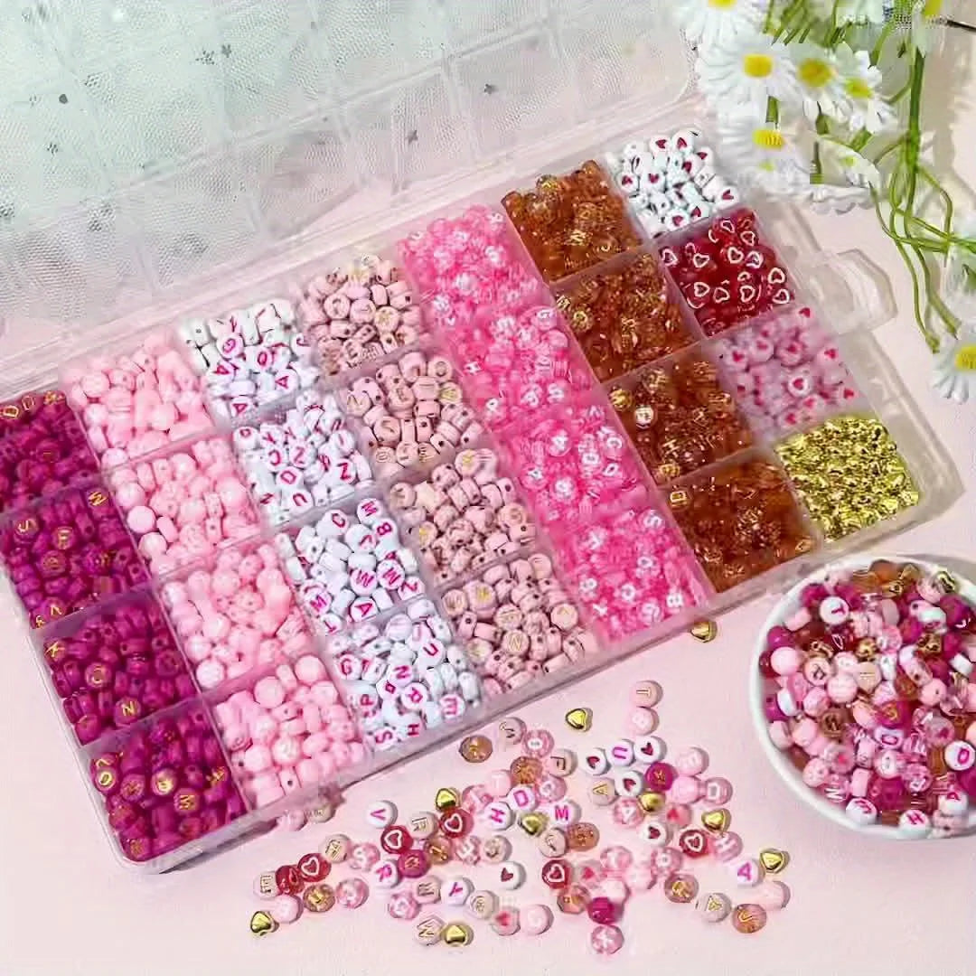300/840pcs Pink, Red & White, Golden Letter & Heart Acrylic Beads Set - Jewelry Making Kit for DIY Bracelets, Necklaces