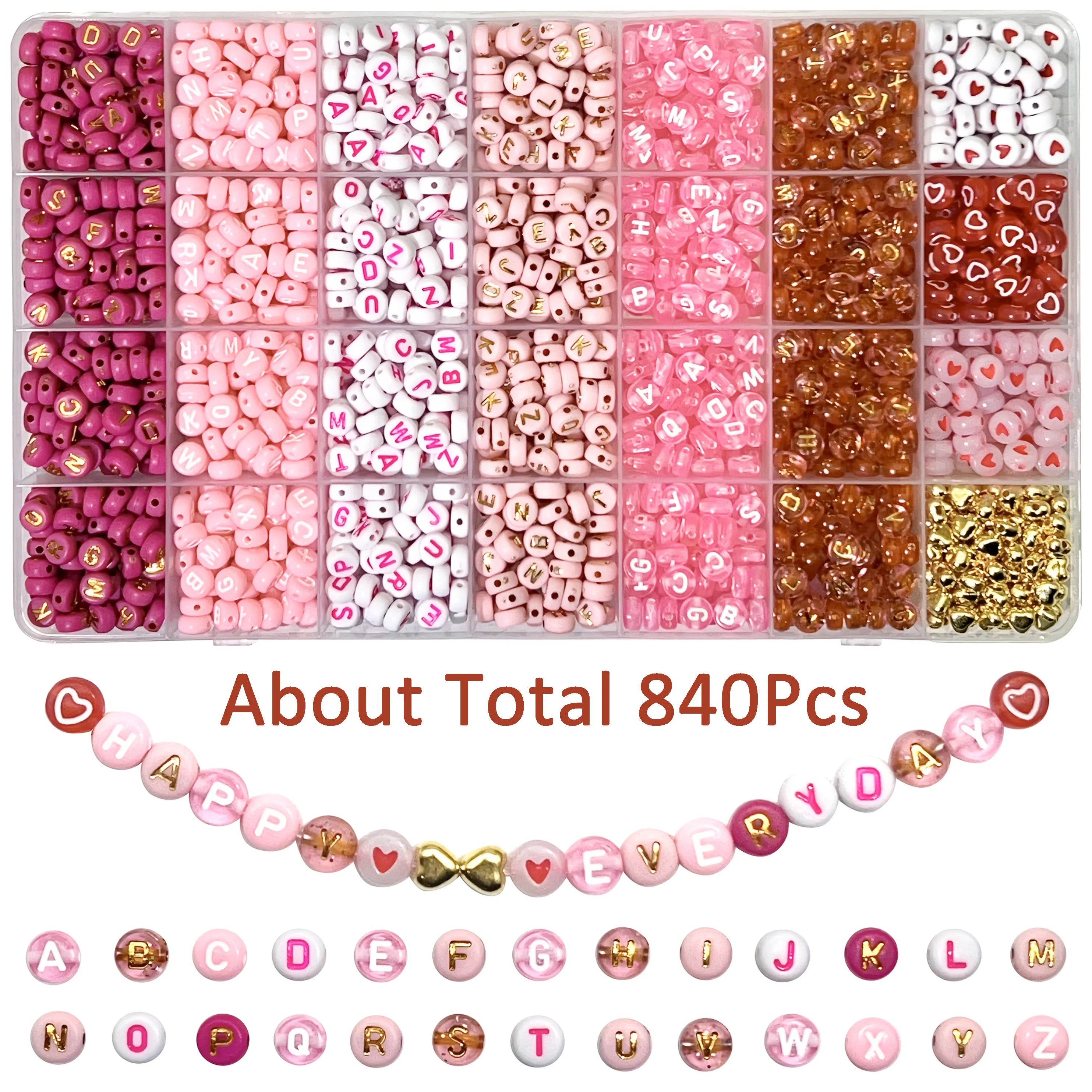 300/840pcs Pink, Red & White, Golden Letter & Heart Acrylic Beads Set - Jewelry Making Kit for DIY Bracelets, Necklaces