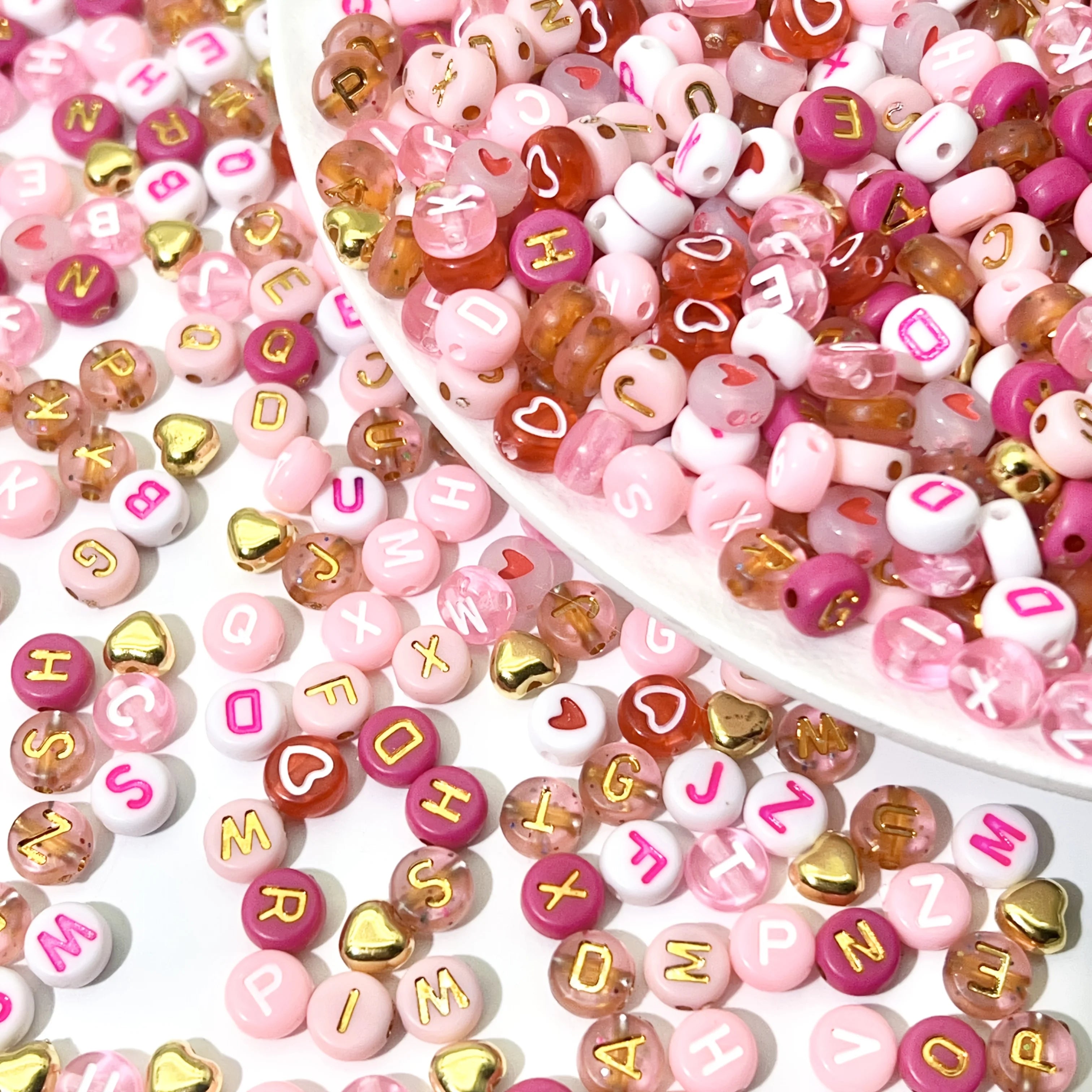300/840pcs Pink, Red & White, Golden Letter & Heart Acrylic Beads Set - Jewelry Making Kit for DIY Bracelets, Necklaces