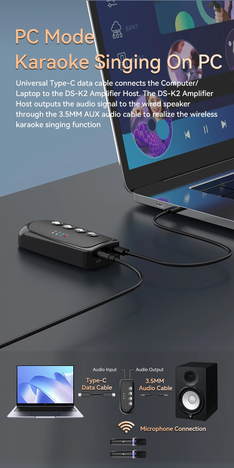 Wireless Car Microphone With Receiver Karaoke Companion 3.5MM AUX Stereo HIFI RGB Colorful Light Multi Sound Effect Mixer System