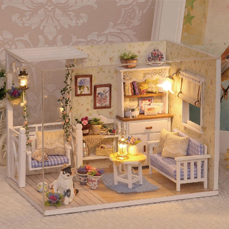 Kitten Mini Doll House 3D Puzzle Assembly Model Building Kit Creative Room Bedroom Decoration With Furniture Wooden Crafts Gifts