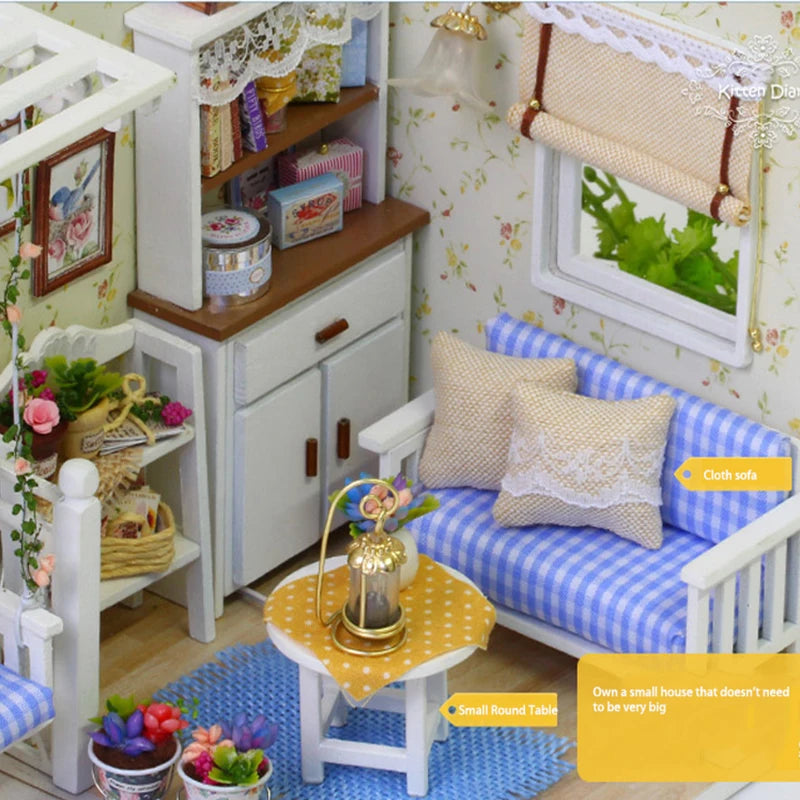 Kitten Mini Doll House 3D Puzzle Assembly Model Building Kit Creative Room Bedroom Decoration With Furniture Wooden Crafts Gifts