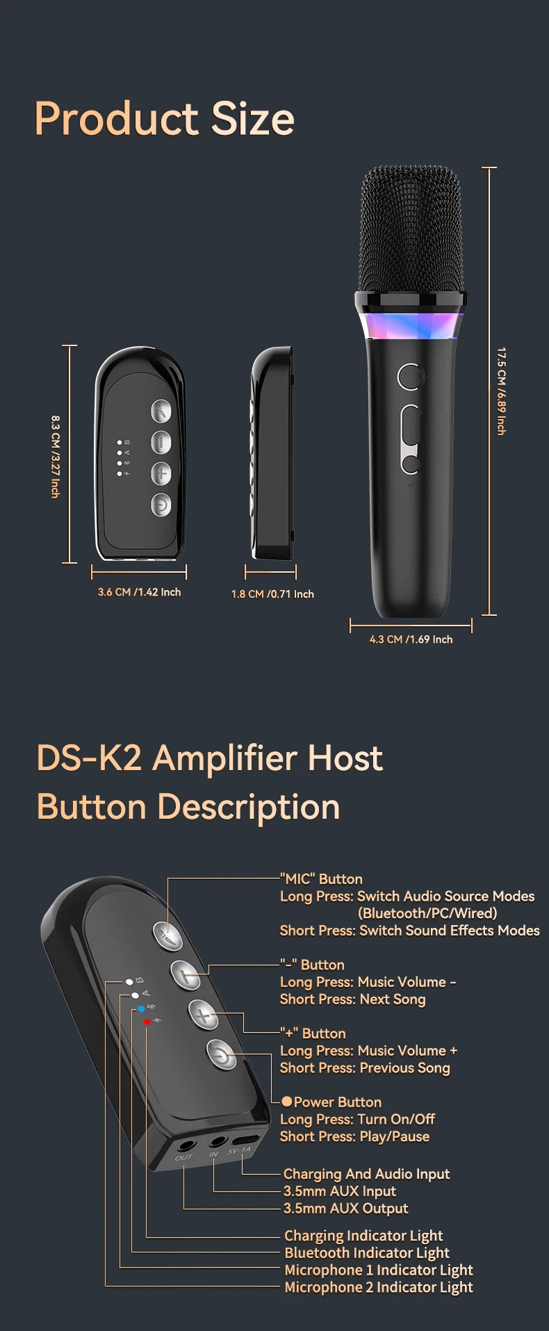 Wireless Car Microphone With Receiver Karaoke Companion 3.5MM AUX Stereo HIFI RGB Colorful Light Multi Sound Effect Mixer System