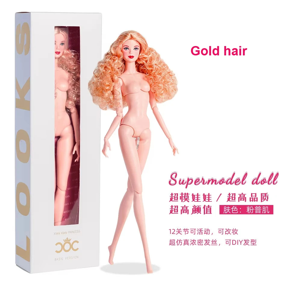 Xianxian New Supermodel Doll / 32cm Nude Naked Doll with Normal Skin Blond Hair / 12 Joint Movable Body + Head / 1/6 Doll Toy