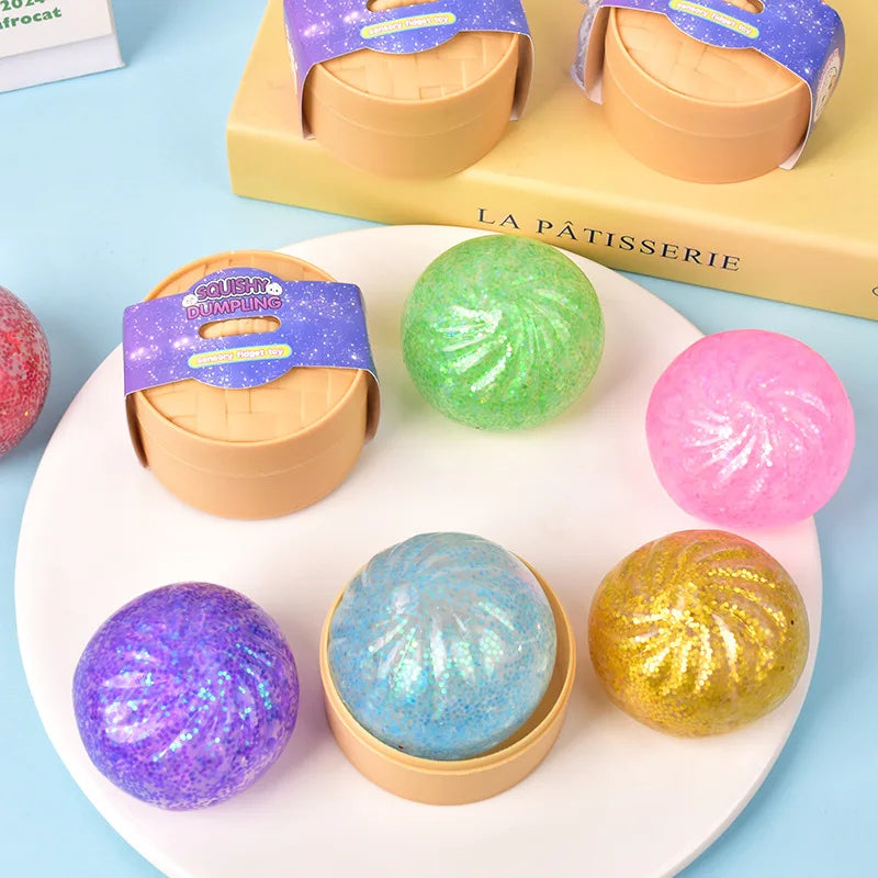 Mini Squishy Dumpling Realistic Bun Sensory Fidget Toys Colored Glitter Steamer Bun Decompression Ball Small Squeezable Toys