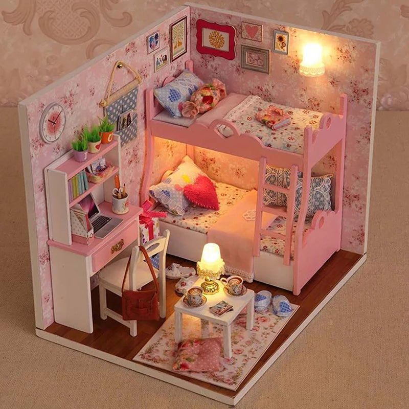 Kitten Mini Doll House 3D Puzzle Assembly Model Building Kit Creative Room Bedroom Decoration With Furniture Wooden Crafts Gifts