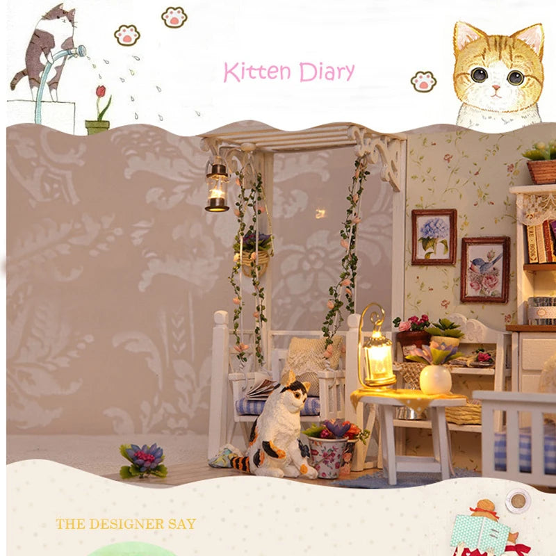 Kitten Mini Doll House 3D Puzzle Assembly Model Building Kit Creative Room Bedroom Decoration With Furniture Wooden Crafts Gifts