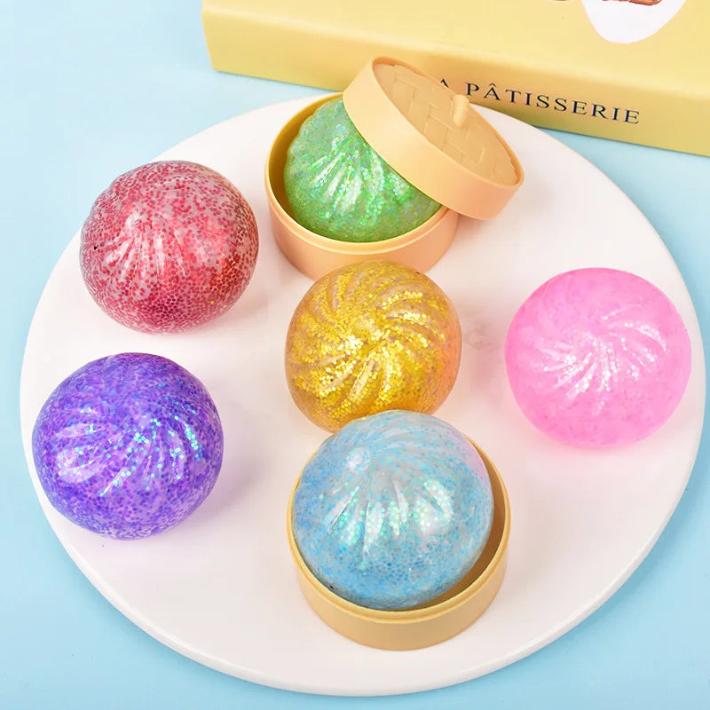 Mini Squishy Dumpling Realistic Bun Sensory Fidget Toys Colored Glitter Steamer Bun Decompression Ball Small Squeezable Toys