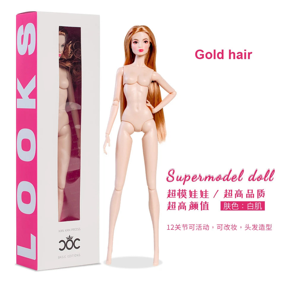 Xianxian New Supermodel Doll / 32cm Nude Naked Doll with Normal Skin Blond Hair / 12 Joint Movable Body + Head / 1/6 Doll Toy