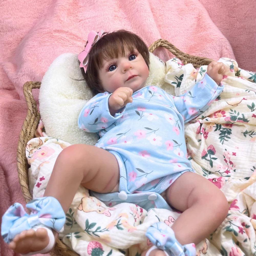 46CM Finished Reborn Baby Doll Felicia Newborn Open Blue Eyes Doll Soft Hand-Rooted Hair 3D Skin Tone Visible Veins Gift Toy