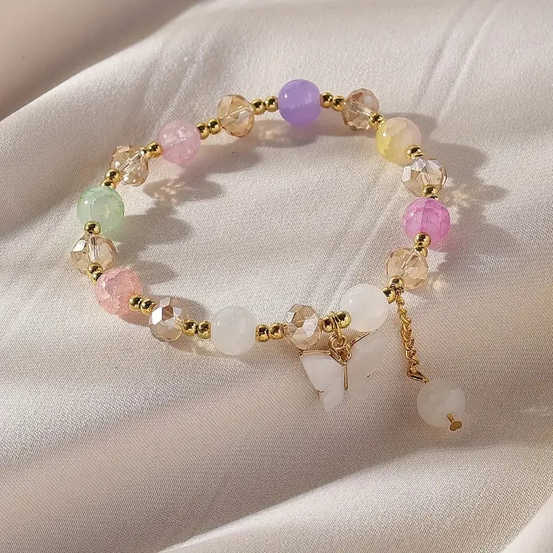 Purple Butterfly Charm Beaded Stretch Bracelet For Women Multi Color Crack Faceted Beads Round Charm Cute Girls Jewelry Gift