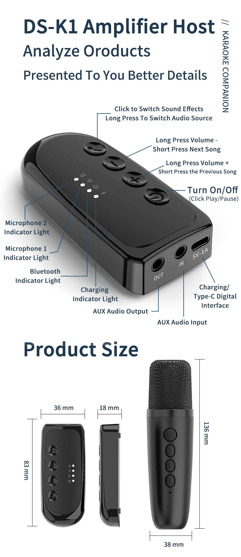 Wireless Car Microphone With Receiver Karaoke Companion 3.5MM AUX Stereo HIFI RGB Colorful Light Multi Sound Effect Mixer System