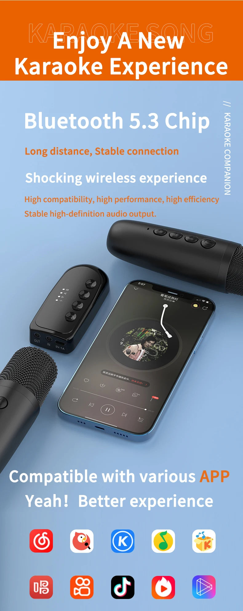Wireless Car Microphone With Receiver Karaoke Companion 3.5MM AUX Stereo HIFI RGB Colorful Light Multi Sound Effect Mixer System