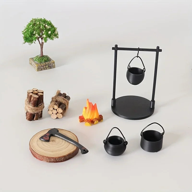 Mini Campfire Hanging Stove Pot Dollhouse Camping Picnic Firewood Pile Sand Table Micro Landscape Scene Decoration Ornament Toy