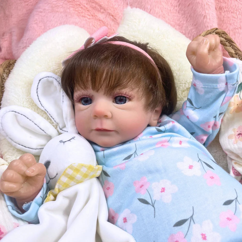 46CM Finished Reborn Baby Doll Felicia Newborn Open Blue Eyes Doll Soft Hand-Rooted Hair 3D Skin Tone Visible Veins Gift Toy