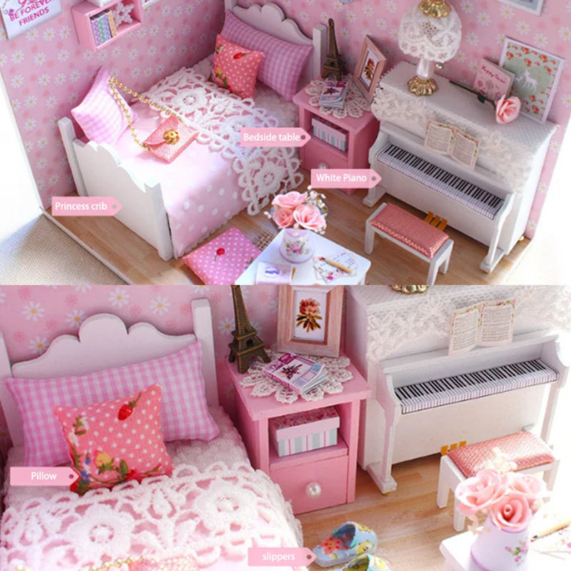 Kitten Mini Doll House 3D Puzzle Assembly Model Building Kit Creative Room Bedroom Decoration With Furniture Wooden Crafts Gifts