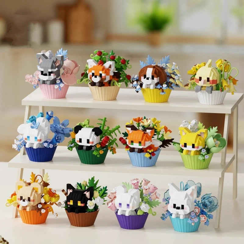 Cute dessert small animals potted bouquet cartoon doll panda puppy building block ornament children toys gift