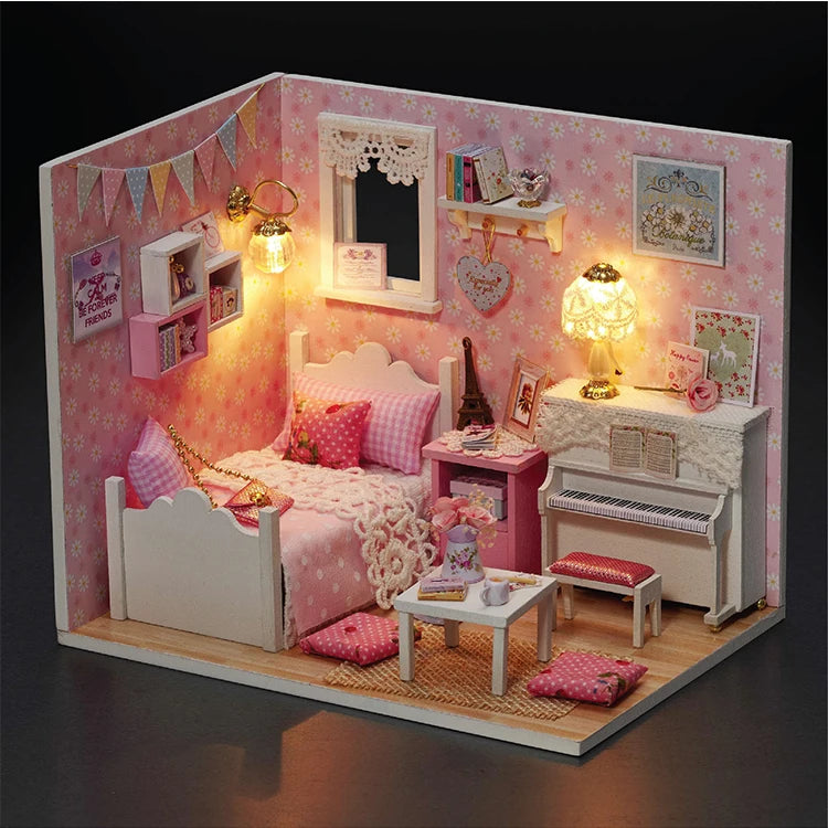 Kitten Mini Doll House 3D Puzzle Assembly Model Building Kit Creative Room Bedroom Decoration With Furniture Wooden Crafts Gifts