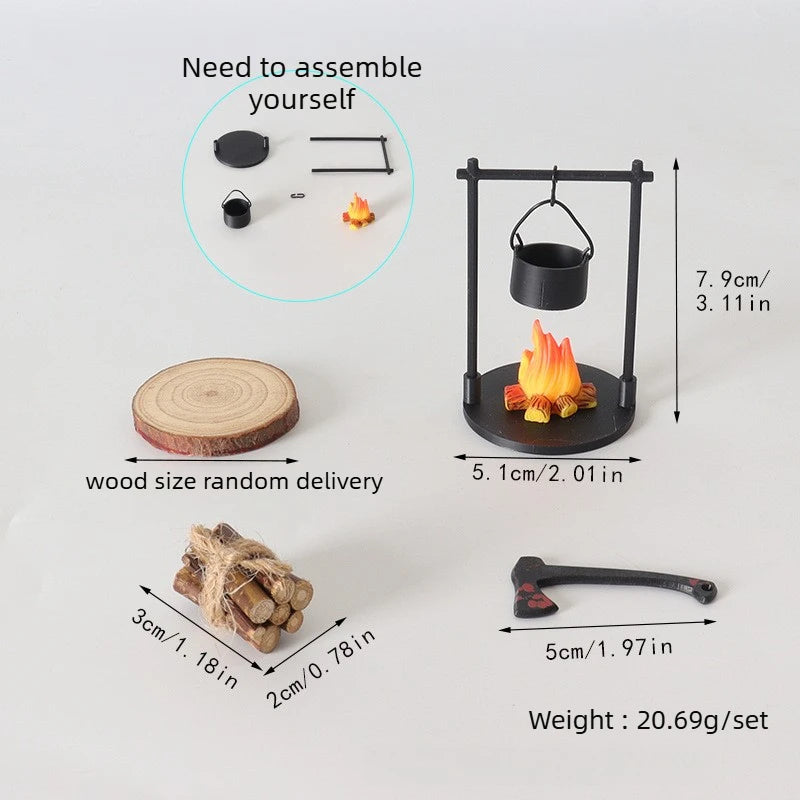 Mini Campfire Hanging Stove Pot Dollhouse Camping Picnic Firewood Pile Sand Table Micro Landscape Scene Decoration Ornament Toy