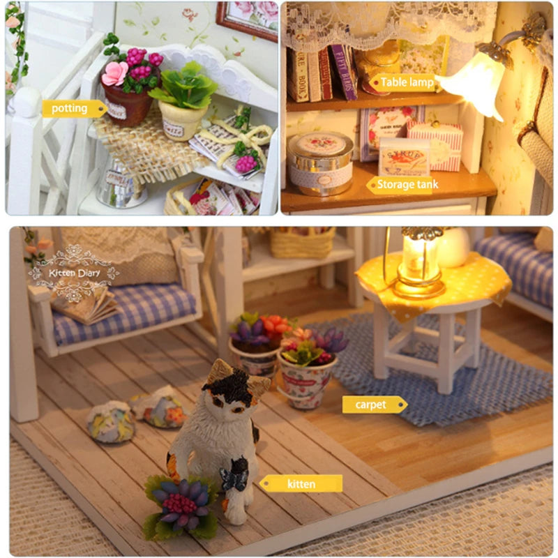 Kitten Mini Doll House 3D Puzzle Assembly Model Building Kit Creative Room Bedroom Decoration With Furniture Wooden Crafts Gifts
