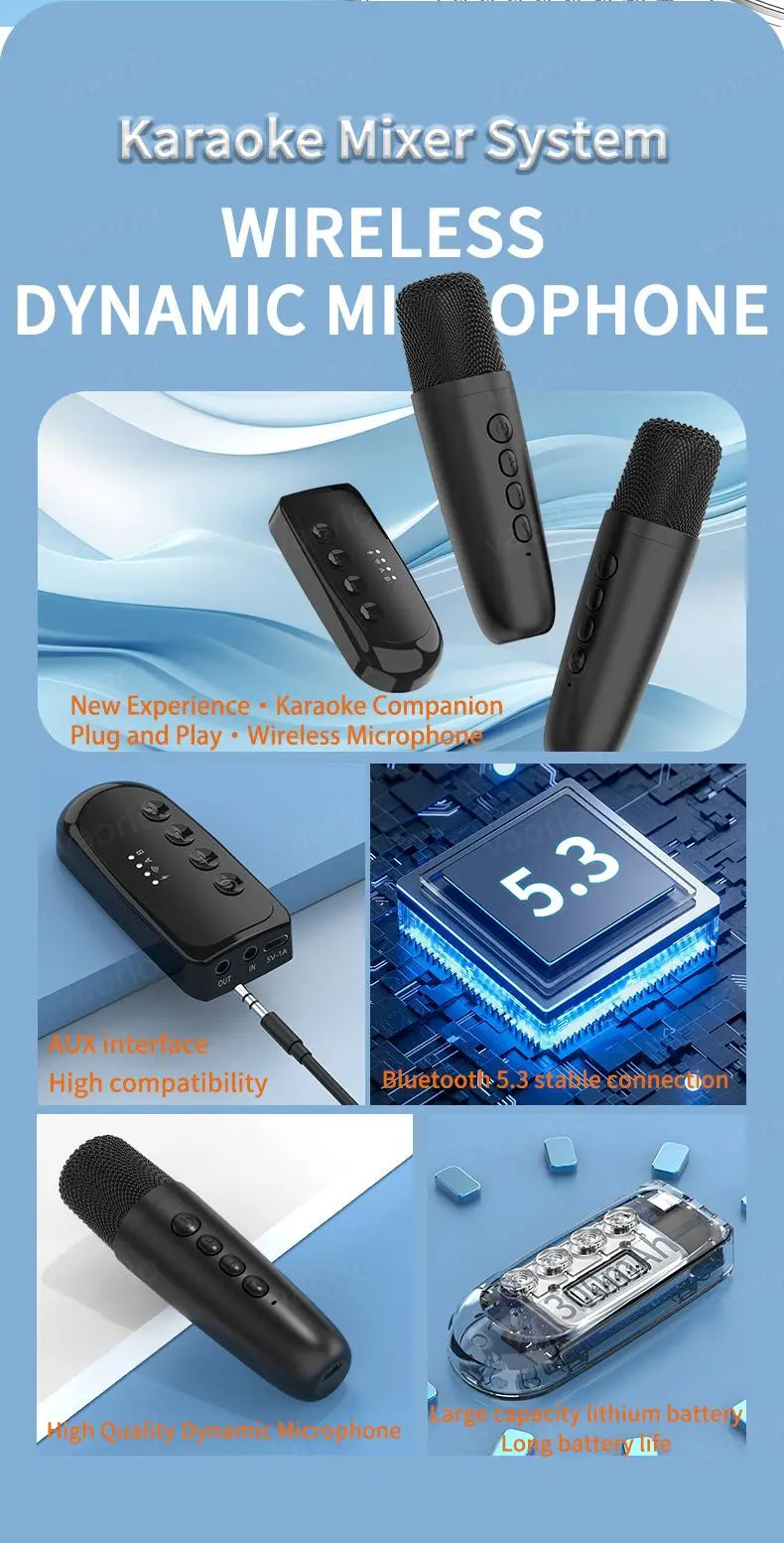 Wireless Car Microphone With Receiver Karaoke Companion 3.5MM AUX Stereo HIFI RGB Colorful Light Multi Sound Effect Mixer System