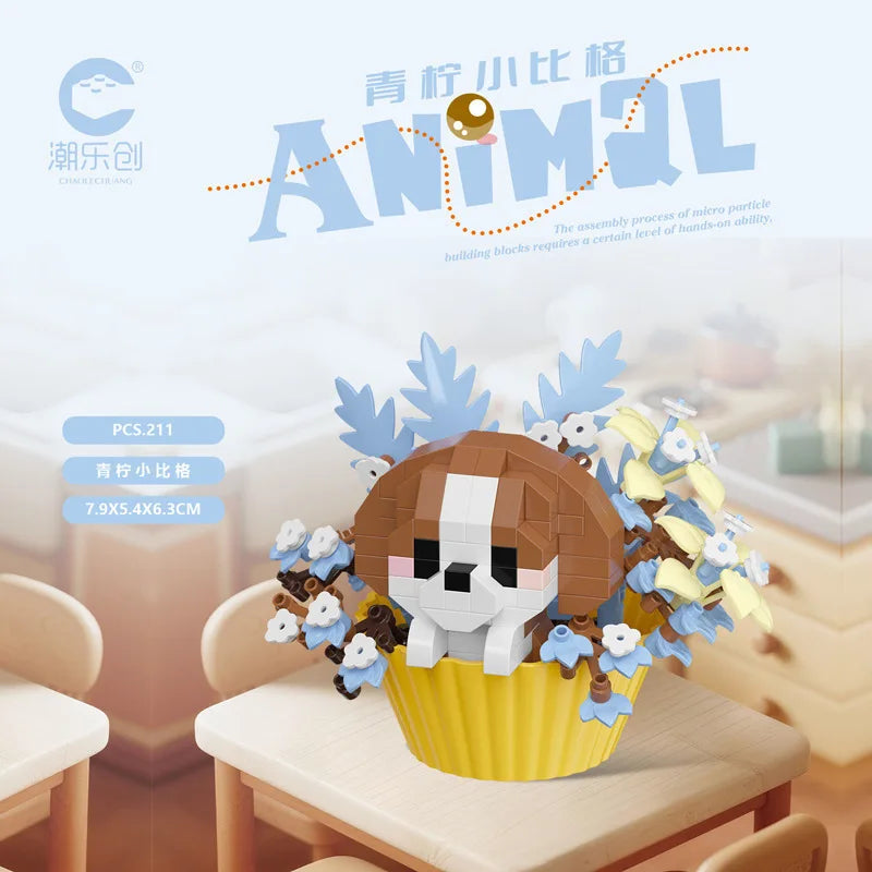 Cute dessert small animals potted bouquet cartoon doll panda puppy building block ornament children toys gift