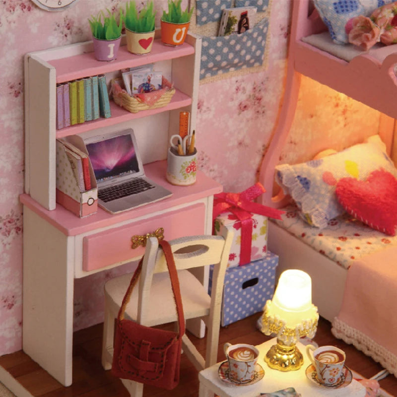 Kitten Mini Doll House 3D Puzzle Assembly Model Building Kit Creative Room Bedroom Decoration With Furniture Wooden Crafts Gifts