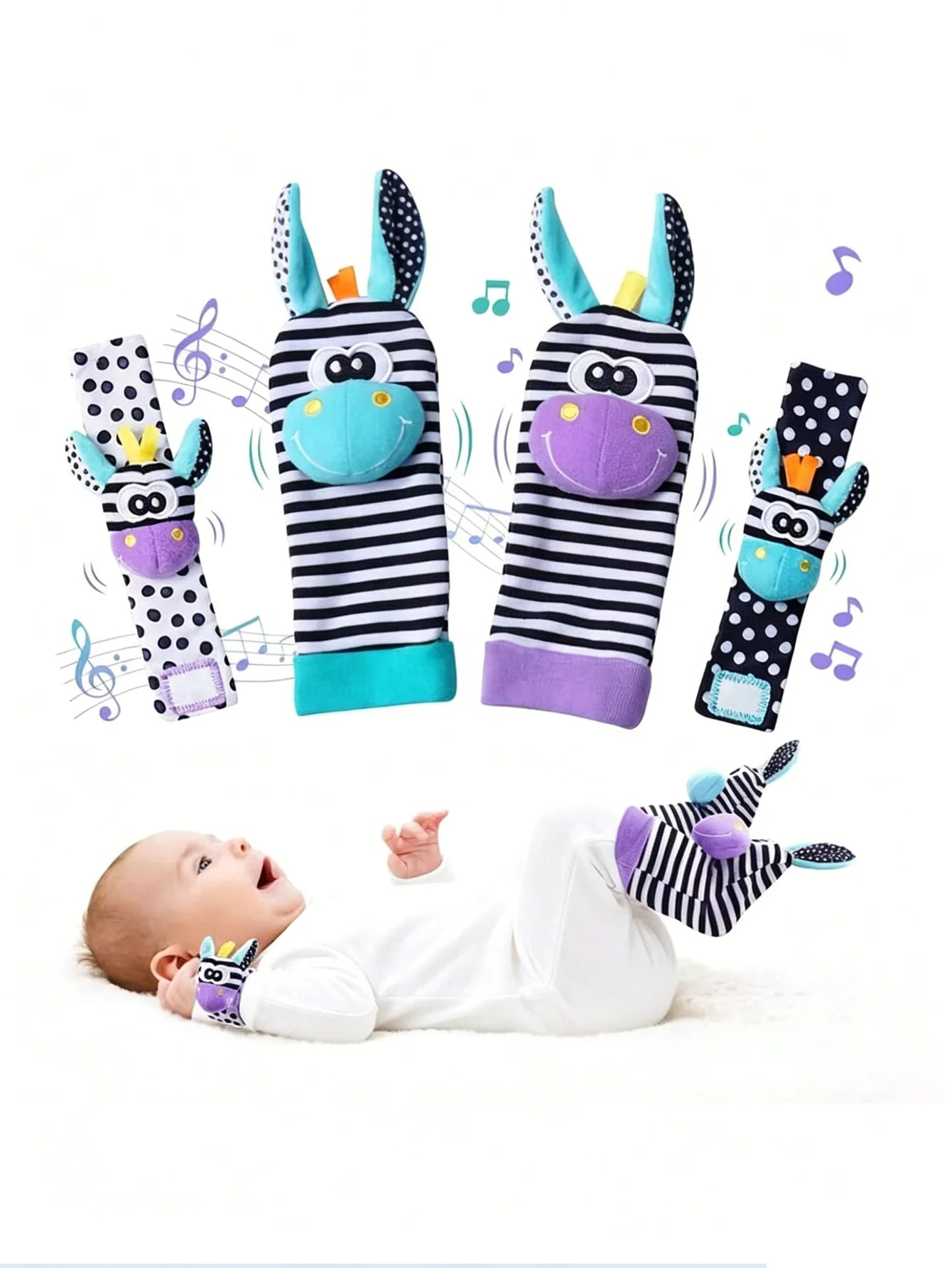 4pcs Baby Rattle Toys Cute Stuffed Animals Wrist Rattle Foot Finder Socks 0~24 Months for Infant Boy Girl Newborn Gift