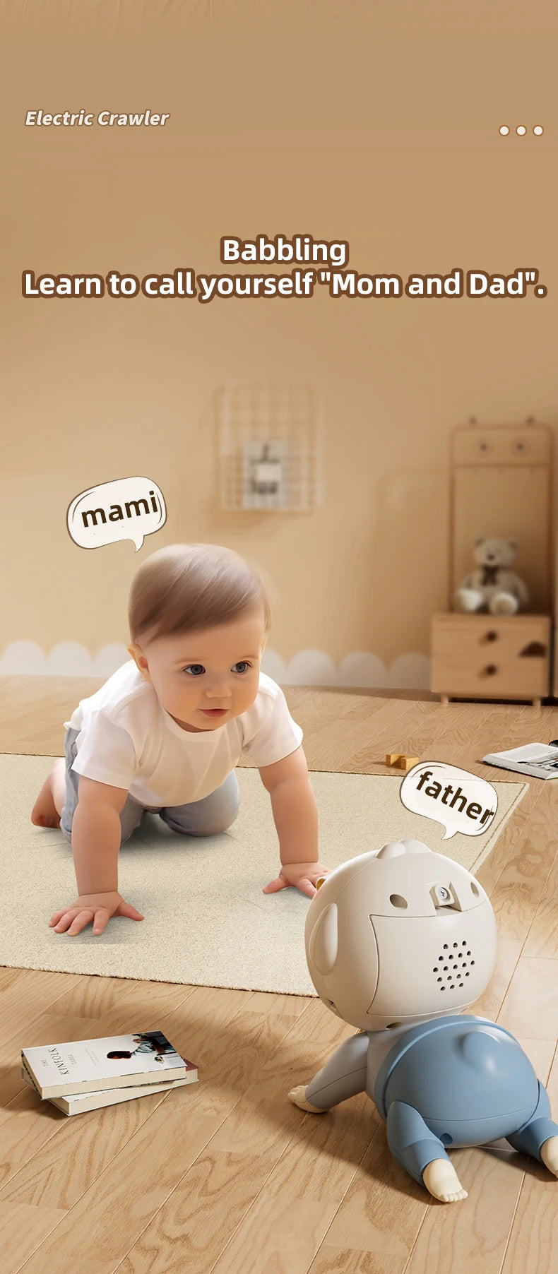 Music Crawling doll baby Toy, 0-1 Year Old, Learning Crawling Guidance and Head-Lifting Training soothing Toy, Children's Day Gi