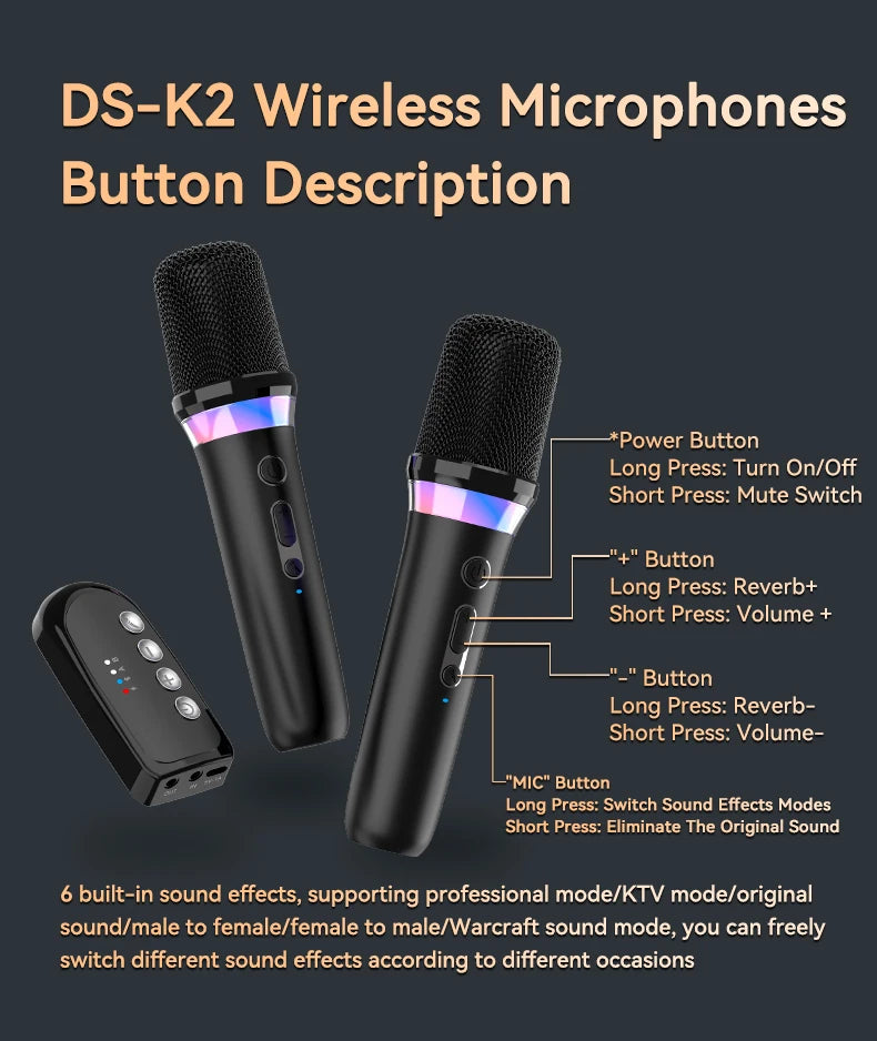 Wireless Car Microphone With Receiver Karaoke Companion 3.5MM AUX Stereo HIFI RGB Colorful Light Multi Sound Effect Mixer System