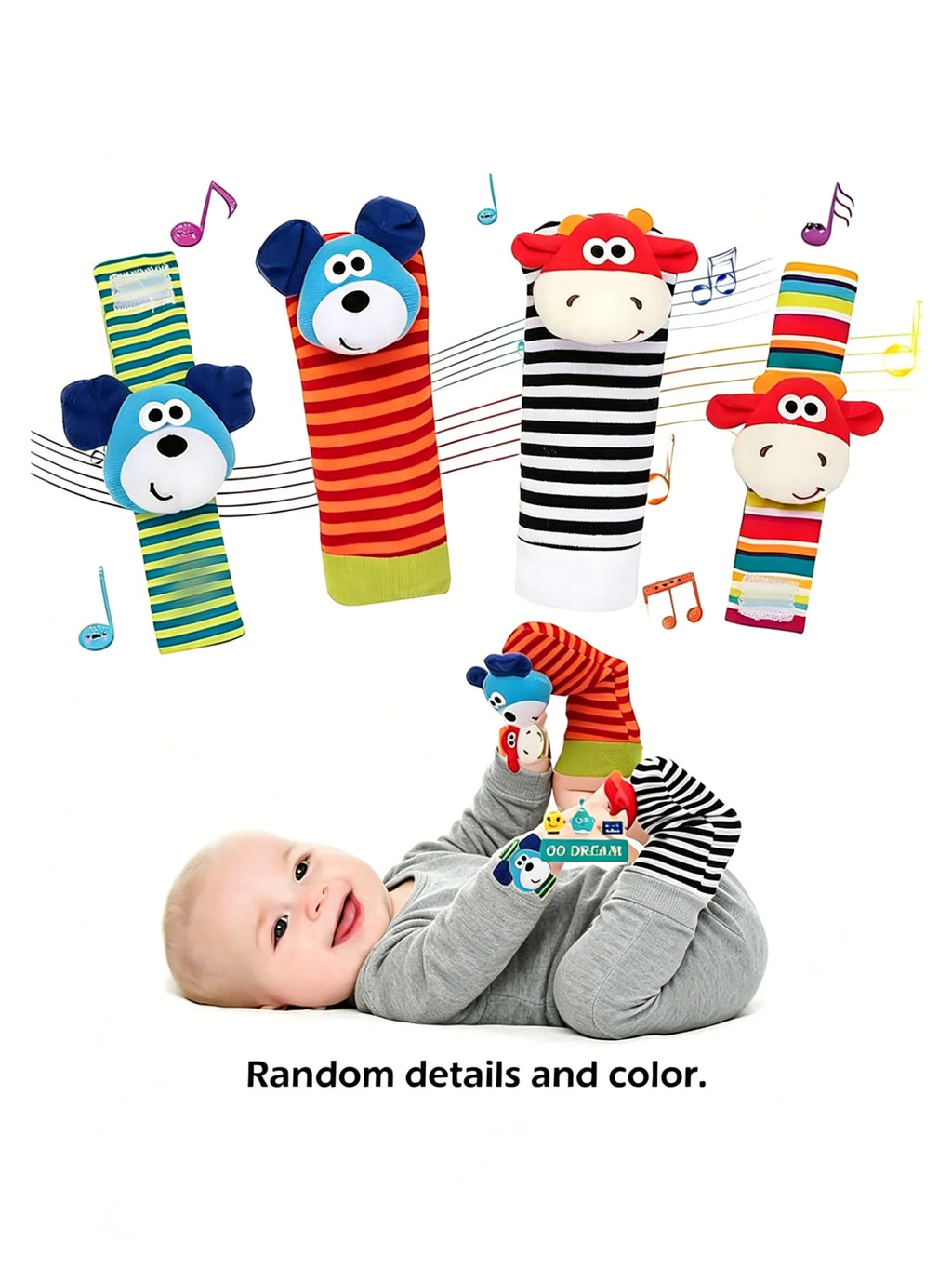 4pcs Baby Rattle Toys Cute Stuffed Animals Wrist Rattle Foot Finder Socks 0~24 Months for Infant Boy Girl Newborn Gift