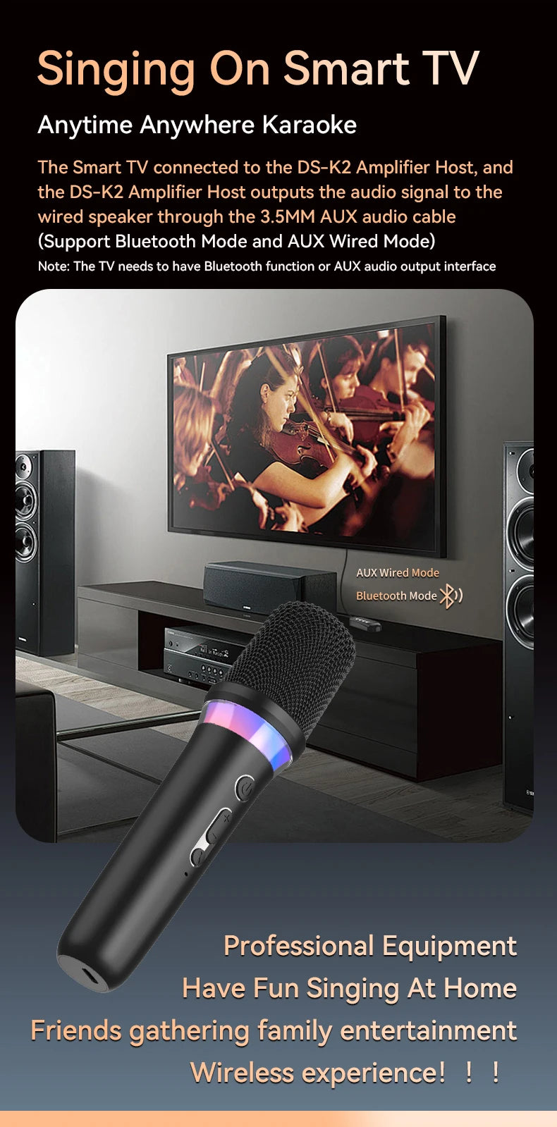 Wireless Car Microphone With Receiver Karaoke Companion 3.5MM AUX Stereo HIFI RGB Colorful Light Multi Sound Effect Mixer System