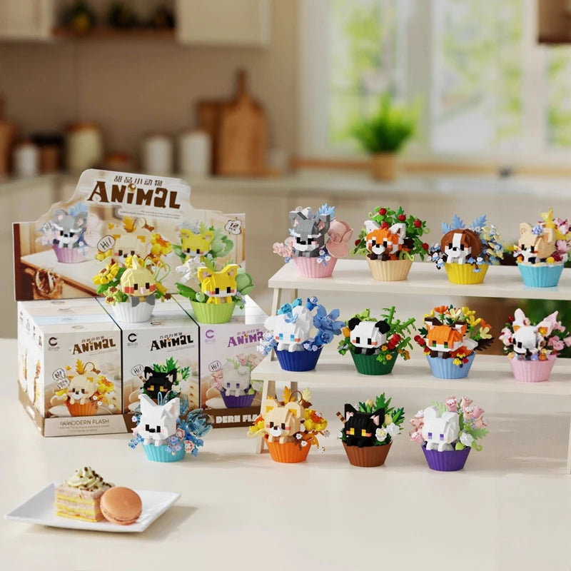 Cute dessert small animals potted bouquet cartoon doll panda puppy building block ornament children toys gift