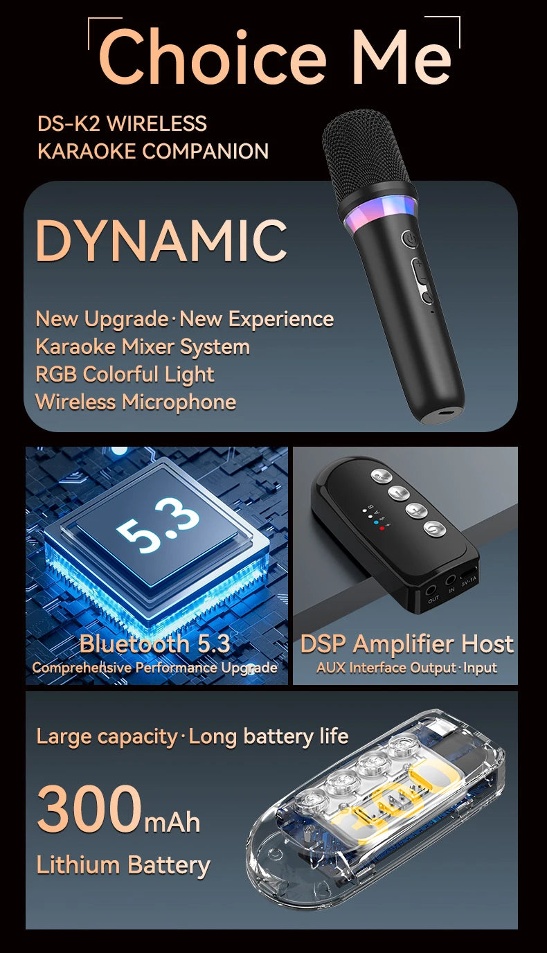 Wireless Car Microphone With Receiver Karaoke Companion 3.5MM AUX Stereo HIFI RGB Colorful Light Multi Sound Effect Mixer System