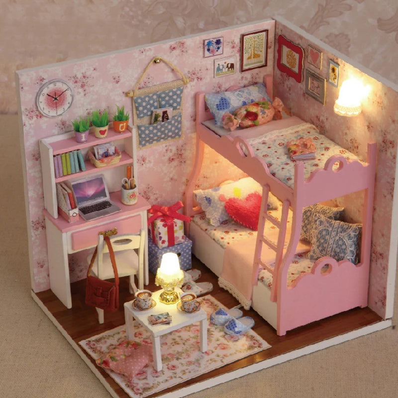 Kitten Mini Doll House 3D Puzzle Assembly Model Building Kit Creative Room Bedroom Decoration With Furniture Wooden Crafts Gifts