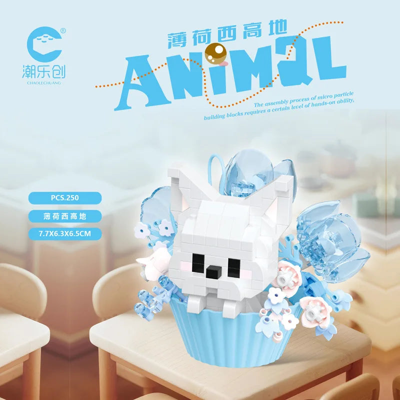 Cute dessert small animals potted bouquet cartoon doll panda puppy building block ornament children toys gift