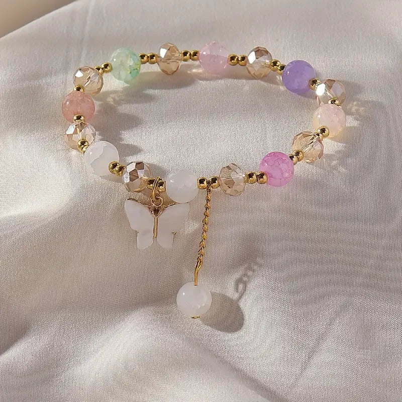 Purple Butterfly Charm Beaded Stretch Bracelet For Women Multi Color Crack Faceted Beads Round Charm Cute Girls Jewelry Gift